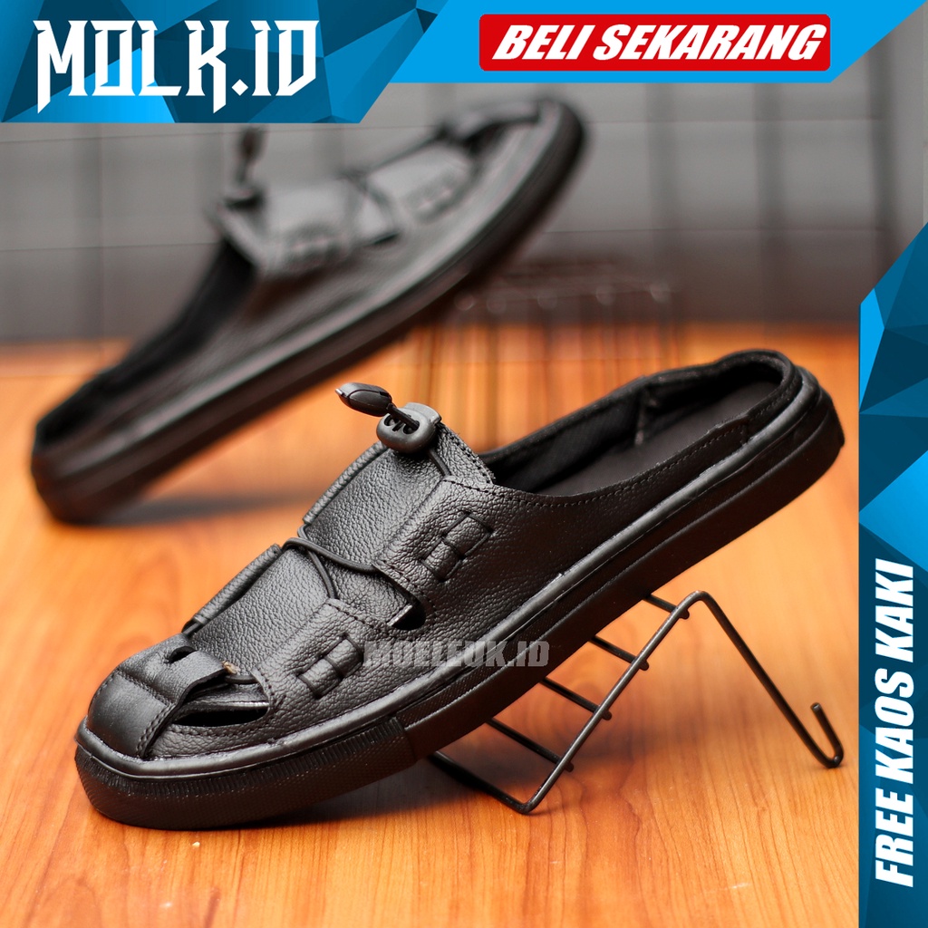 MOLK Sandal Pria Dewasa Kulit Asli Original Sendal Slop Cowok Casual Selop Hitam Simple Murah Tutong Bustong