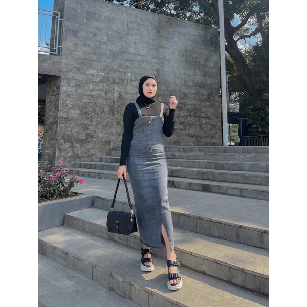 Overall Jeans Strecth Jumpsuit Rok Span Full Kancing