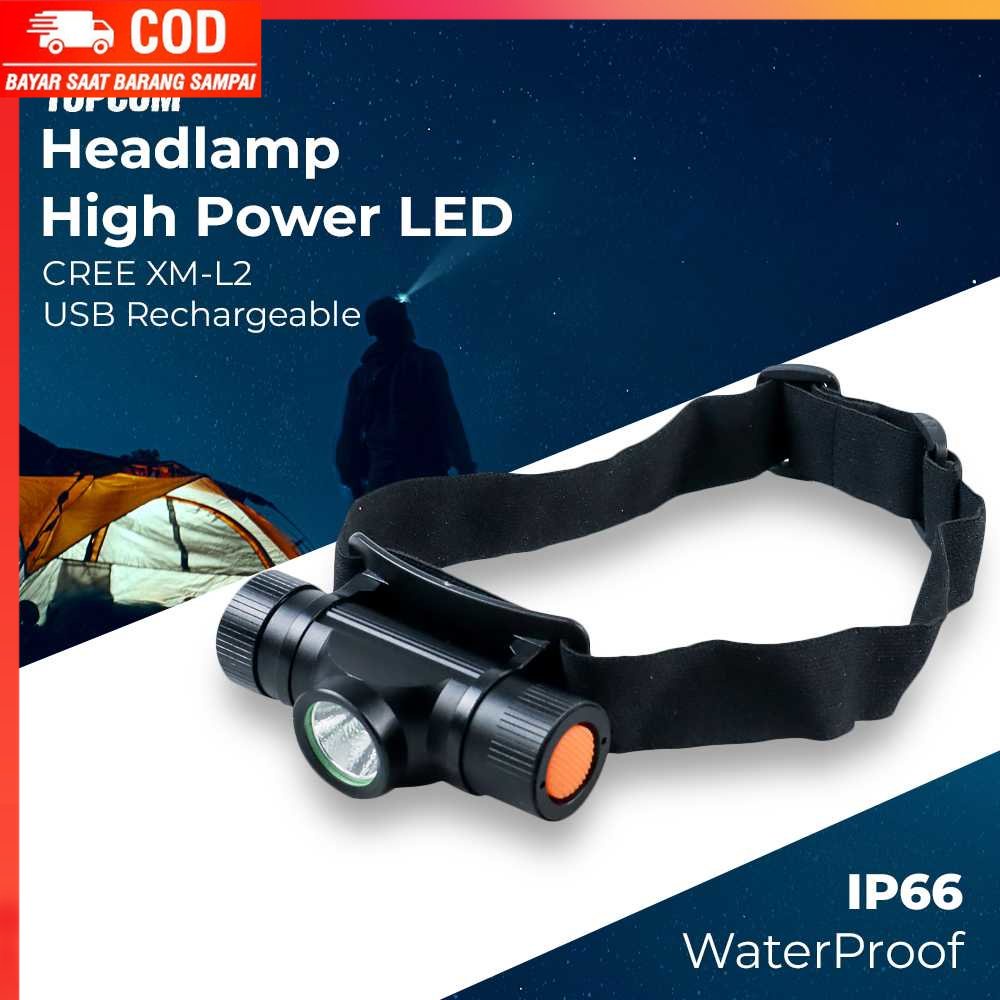 ( 100% BARANG ORI ) TOPCOM Headlamp High Power LED CREE XM-L2 USB Rechargeable 30 W - TP15