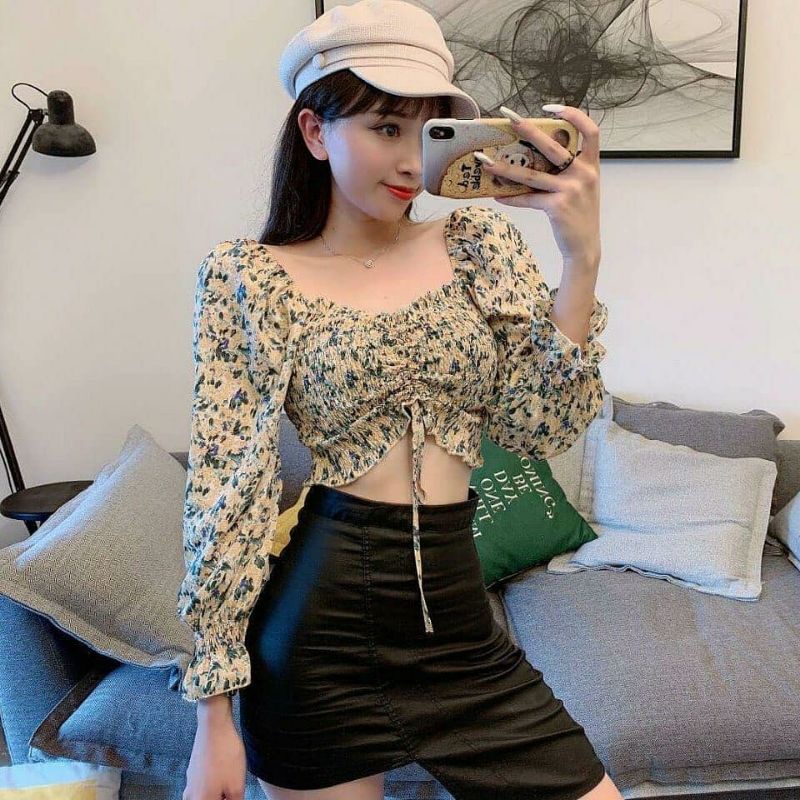 [ YF ] Evelyn Floral Elastic Crop Top