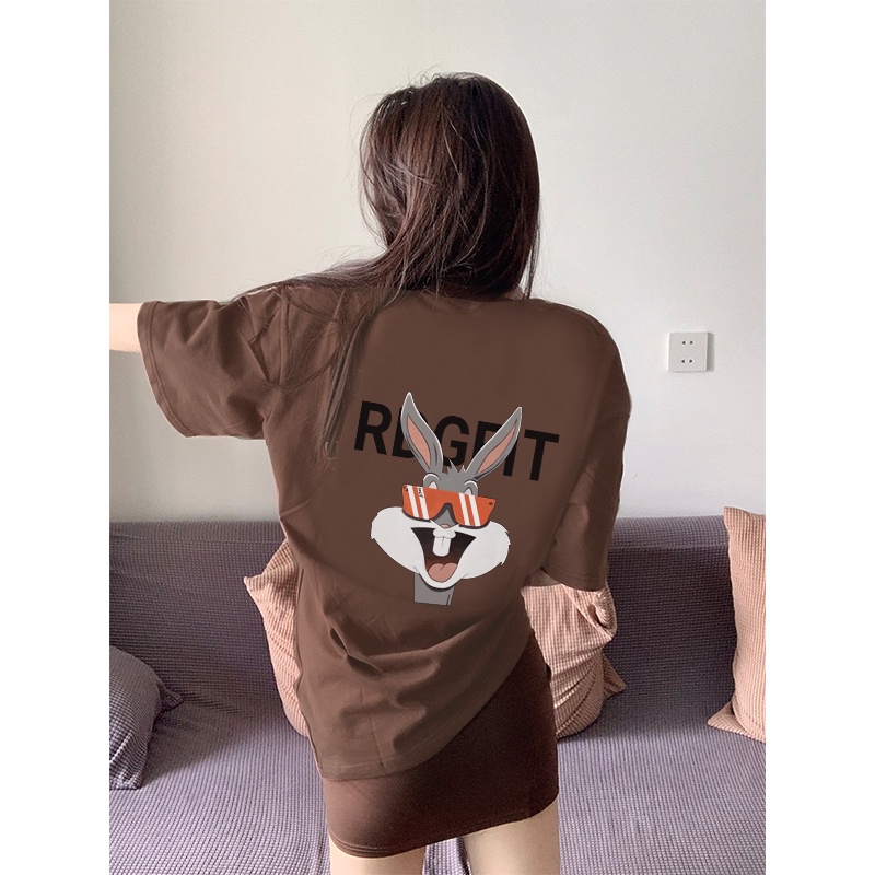 baju kaos wanita lengan pendek cartoon rabbit graffiti print T-shirt vintage baju oversize wanita couple kaos cream