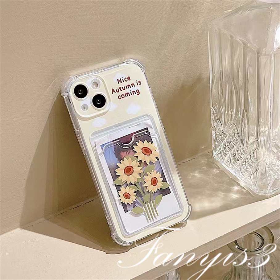 Compatible For IPhone 14 13 12 11 Pro Max X XR Xs Max 8 7 Plus SE 2020 Kompatibel Untuk Cute Sunflower Card Holder Phone Case Bening TPU Soft Cover Pelindung