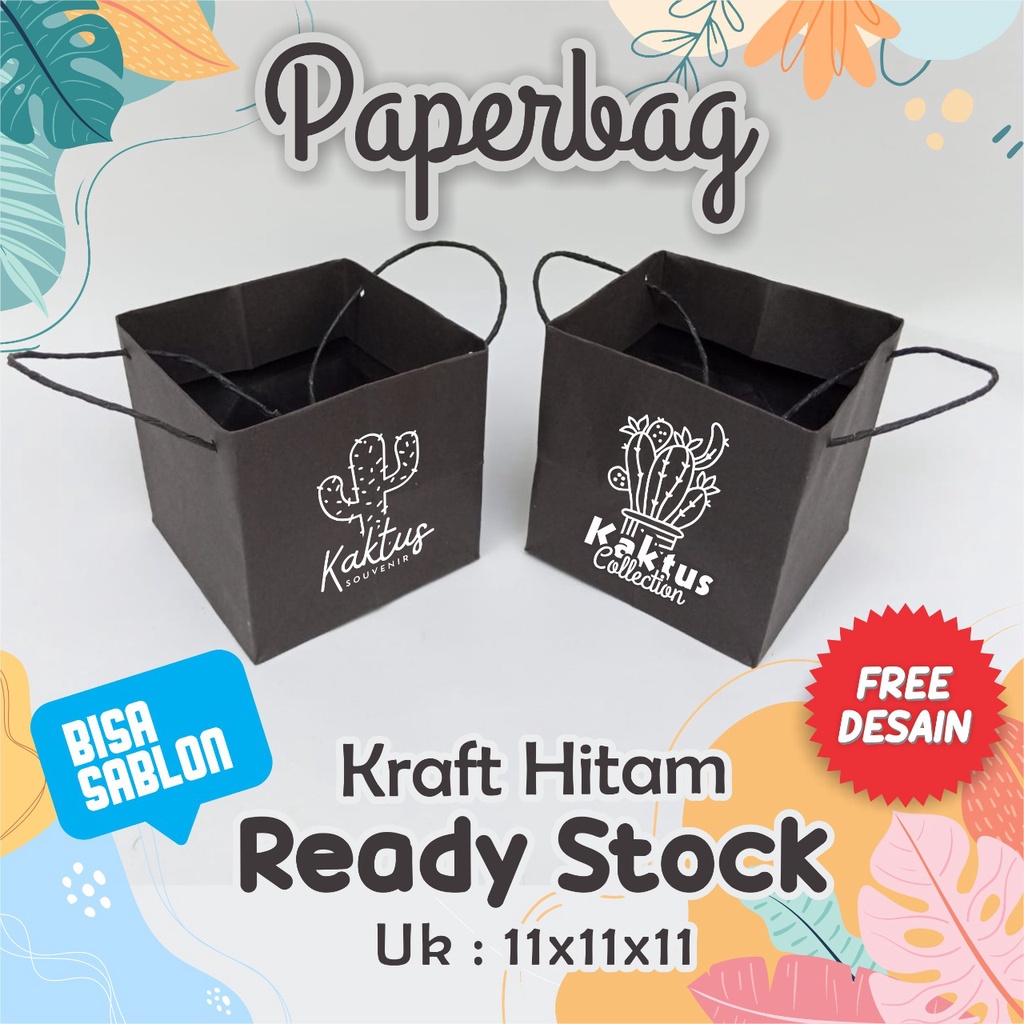 Paper bag  souvenir bahan kertas kraft hitam, Paperbag Custom Souvenir Pernikahan Pot Bunga kaktus