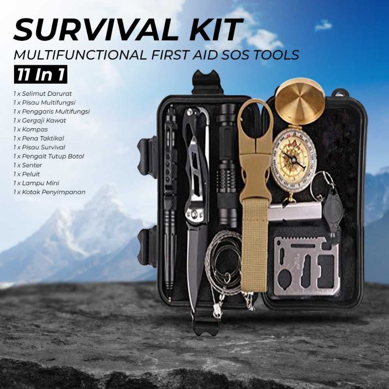 Peralatan Survival Kit Lengkap 11 in 1 Multifungsi SOS Tool Kit Outdoor Portable