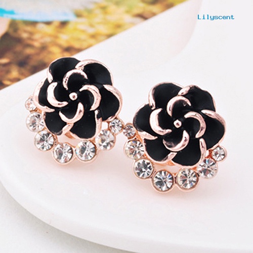 [LS] Wanita Peony Camellia Bunga Berlian Imitasi Alloy Ear Stud Earrings Perhiasan Pesta