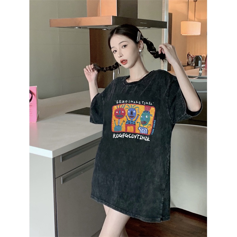 Kaos oversize hitam oversize lengan pendek Cartoon Animals washed baju wanita  graphic print T-shirt/kaos overzise