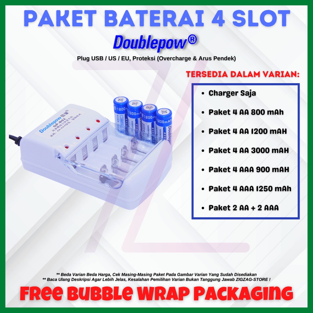 Paket Baterai Cas Doublepow / Taffware, 1 Charger + 4 Baterai Cas AA / AAA Doublepow / Taffware