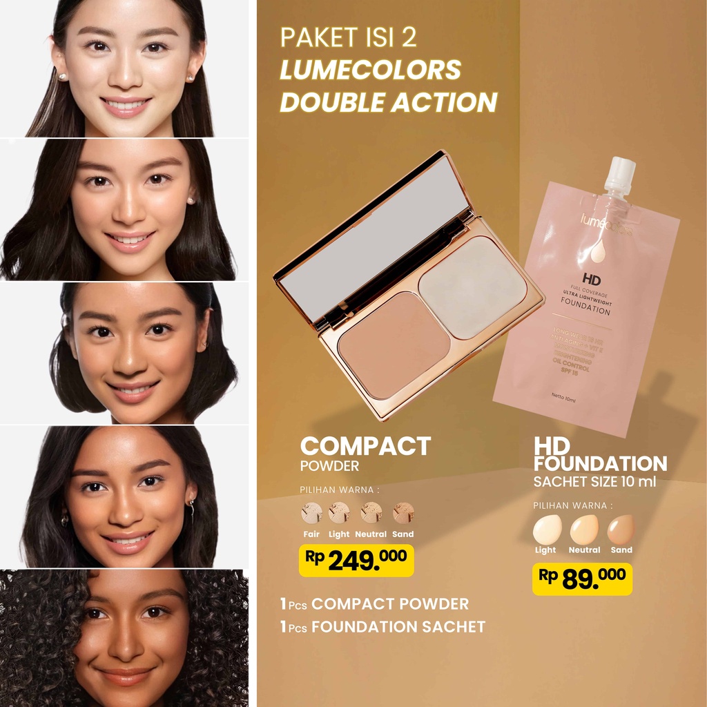 Paket Doubel Action Lumecolors isi 2 | Compact Powder + Foundation Sachet 10 ml