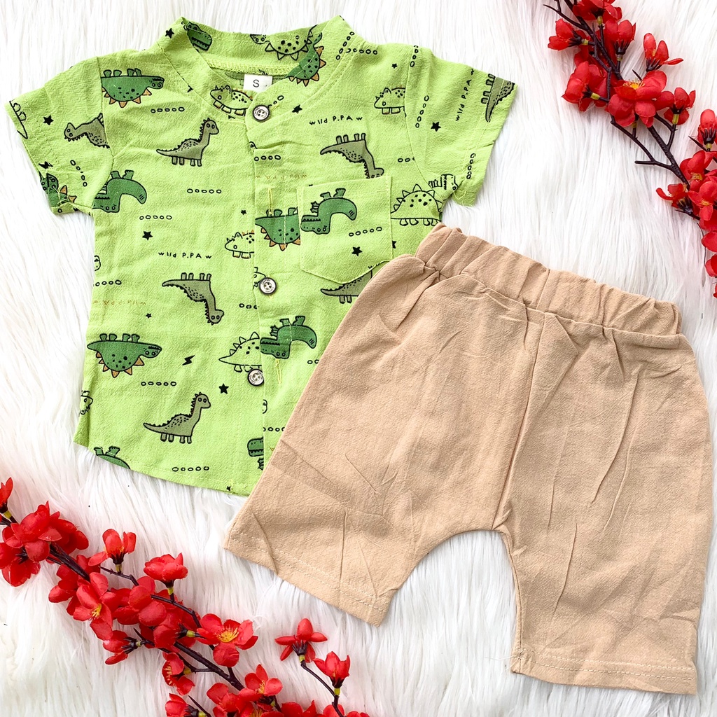 Baju setelan import kemeja celana babyboy bayi cowok pergi jalan murah bestseller lucu -IMP THE DINOS