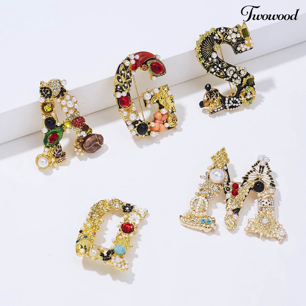 Twowood Enamel Bros Pin Muti-Warna Fashion Bentuk Huruf Wanita Berlian Imitasi Mutiara Imitasi Brooch Pin Untuk Pesta