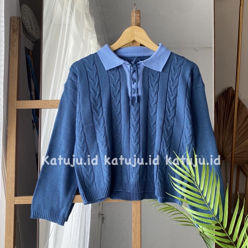 BLOUSE RAJUT KERAH MODEL POLO TALI MOTIF CABLE