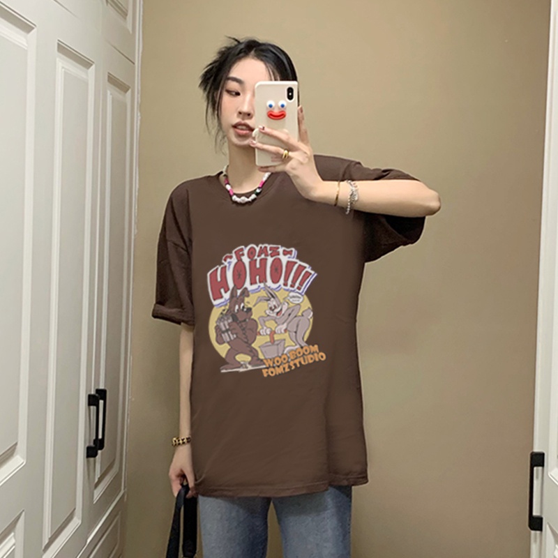 Cartoon Kaos Lengan Pendek Cream Atasan Wanita Oversize Printed T-shirt Kekinian Korean Style/t shirt tee