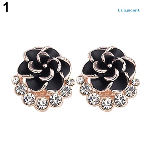 [LS] Wanita Peony Camellia Bunga Berlian Imitasi Alloy Ear Stud Earrings Perhiasan Pesta