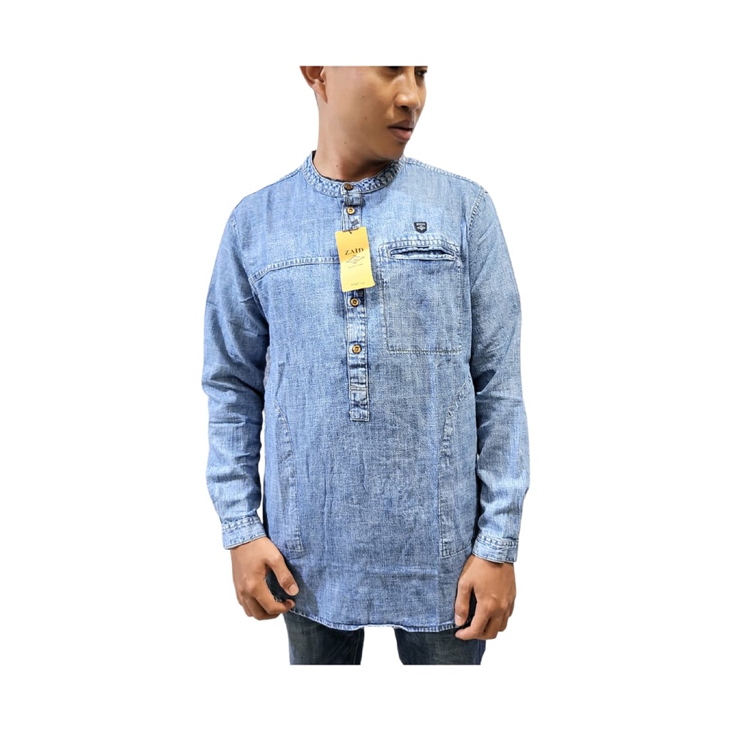 Baju Koko Pria Style Muslim KekinianTerbaru Kurta Pakistan Lengan Panjang Bahan Denim Premium Branded Bisa Bayar di Tempat