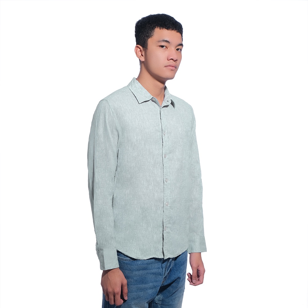 H&amp;M Slim Fit Linen Long Sleeve Shirt Green