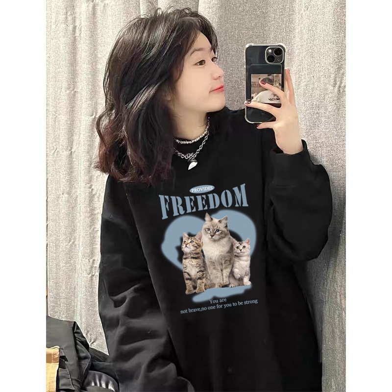 Kaos Stasan Wanita Oversize Couple Sweater American Vintage Cartton Cat Cartoon Graphic Priting Top Kekinian Casual Sweater