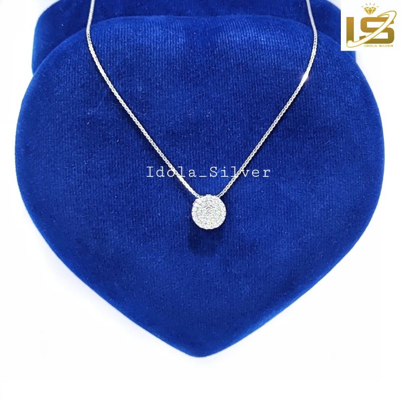 KALUNG PERAK ASLI SILVER WANITA 925 LAPIS EMAS PUTIH MODEL LIONTIN BULAT LANGSUNG 9mm - Perhiasan Perak Asli