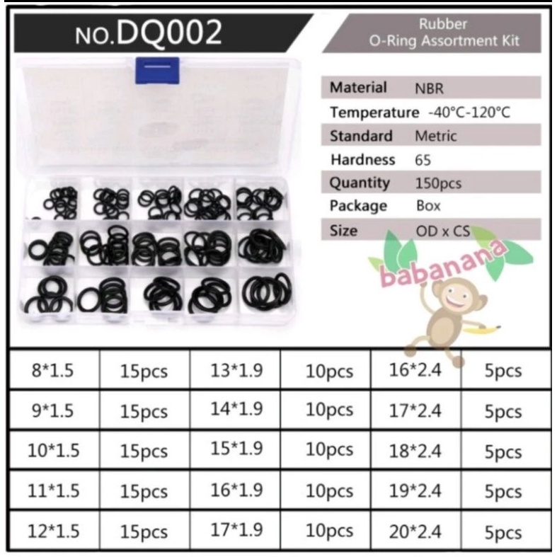 150pcs Rubber NBR DQ002 hitam O-Ring washer ring seal kit cincin karet