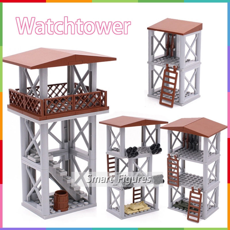 Watchtower Partikel Kecil Blok Bangunan Rakitan Mainan Berpagar Menara Pertahanan DIY MOC Scene Aksesoris Hadiah