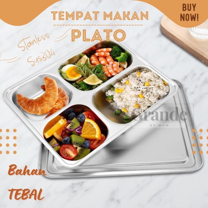 Plato Food Tray tempat makan piring sekat 5 stainless dengan tutup