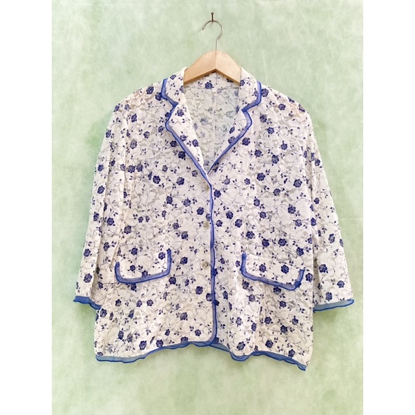 Preloved/Thrift Blazer Brukat bunga biru halus Korean Style
