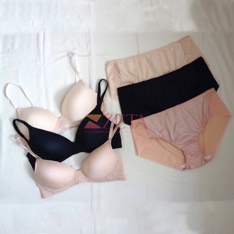 [ZETA] Mary Set | Set Pakaian Dalam Wanita Bra T-Shirt Tanpa Kawat dan Celana Dalam Seamless Tanpa J