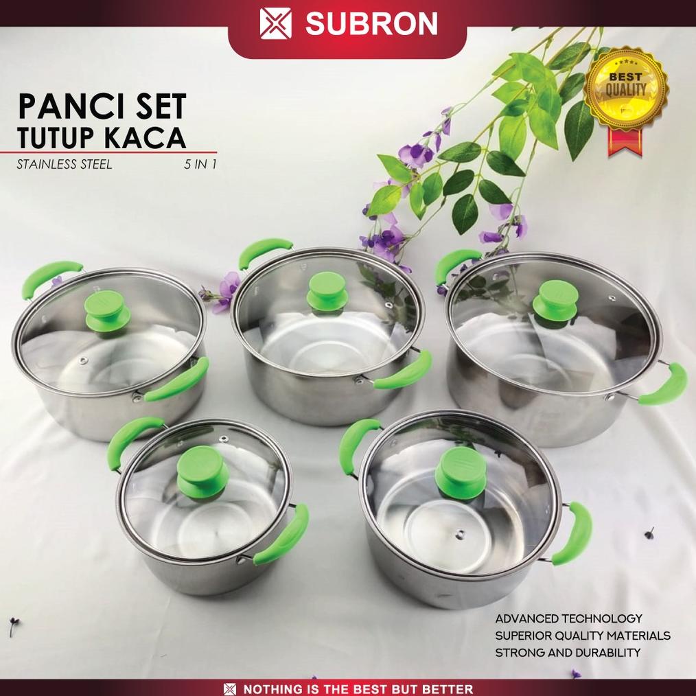 PRODUK- SUBRON PANCI SET TUTUP KACA 5 IN 1 PANCI SUP SOP GAGANG WARNA HIJAU .