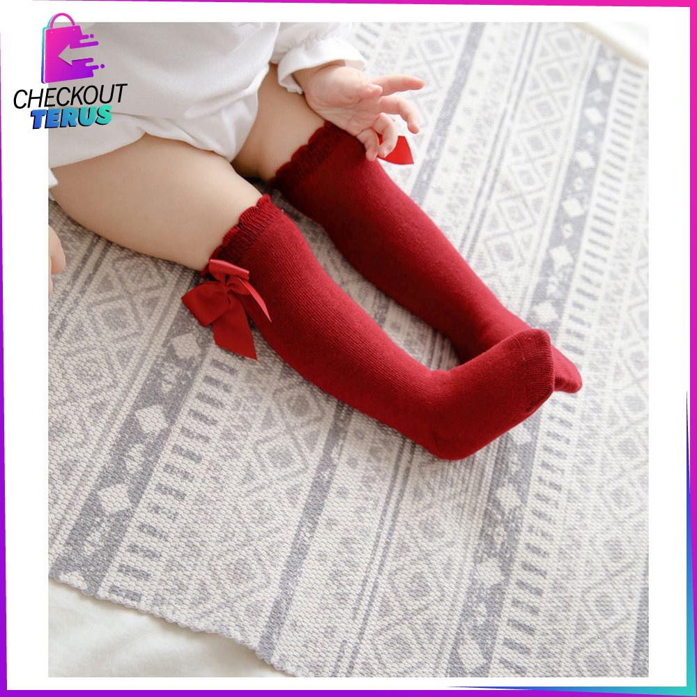 CT P532 Kaos Kaki Bayi Panjang Pita Selutut Anak Perempuan Motif Polos Anti Nyamuk Ribbon Sock Import