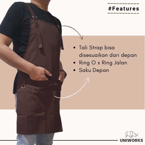 UNIWORKS Apron Barista Multifungsi seri V04 Bahan American Drill Premium Kombinasi 6 Warna 3 Ukuran Panjang