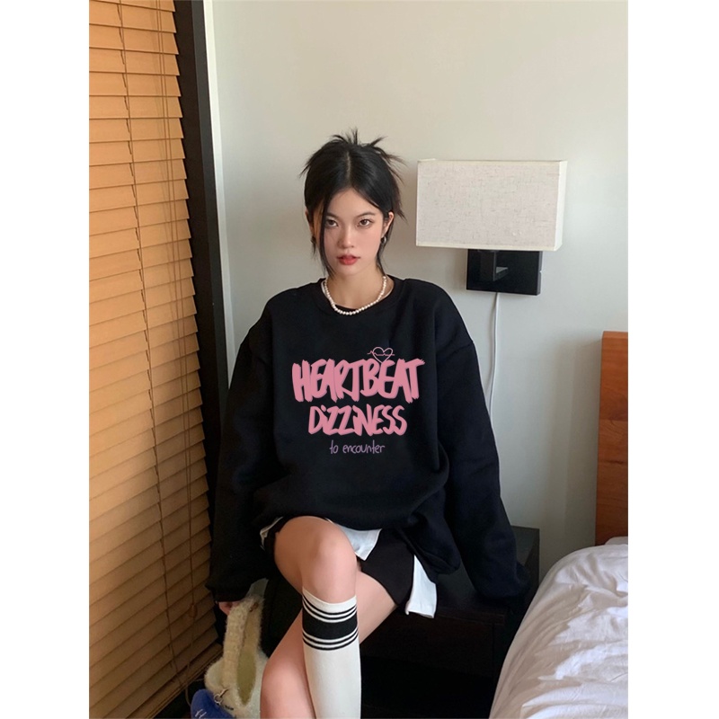 Kaos Stasan Wanita Oversize Couple Sweater American Vintage Pink Letter Cartoon Graphic Priting Top Kekinian Casual Sweater/atasan kaos wanita lengan panjang