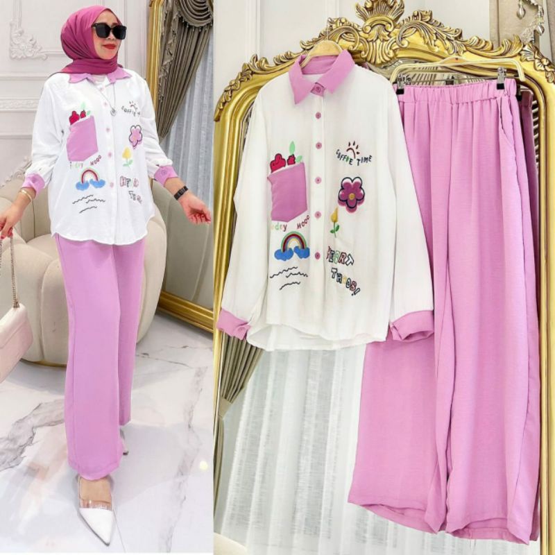 Kiyomi Set, SETELAN JUMBO WANITA MODIS CANTIK FIT XXL LD 120 BAHAN CRINCLE AIRFLOW IMPORT MIX BORDIR TERMURAH TERLARIS OOTD