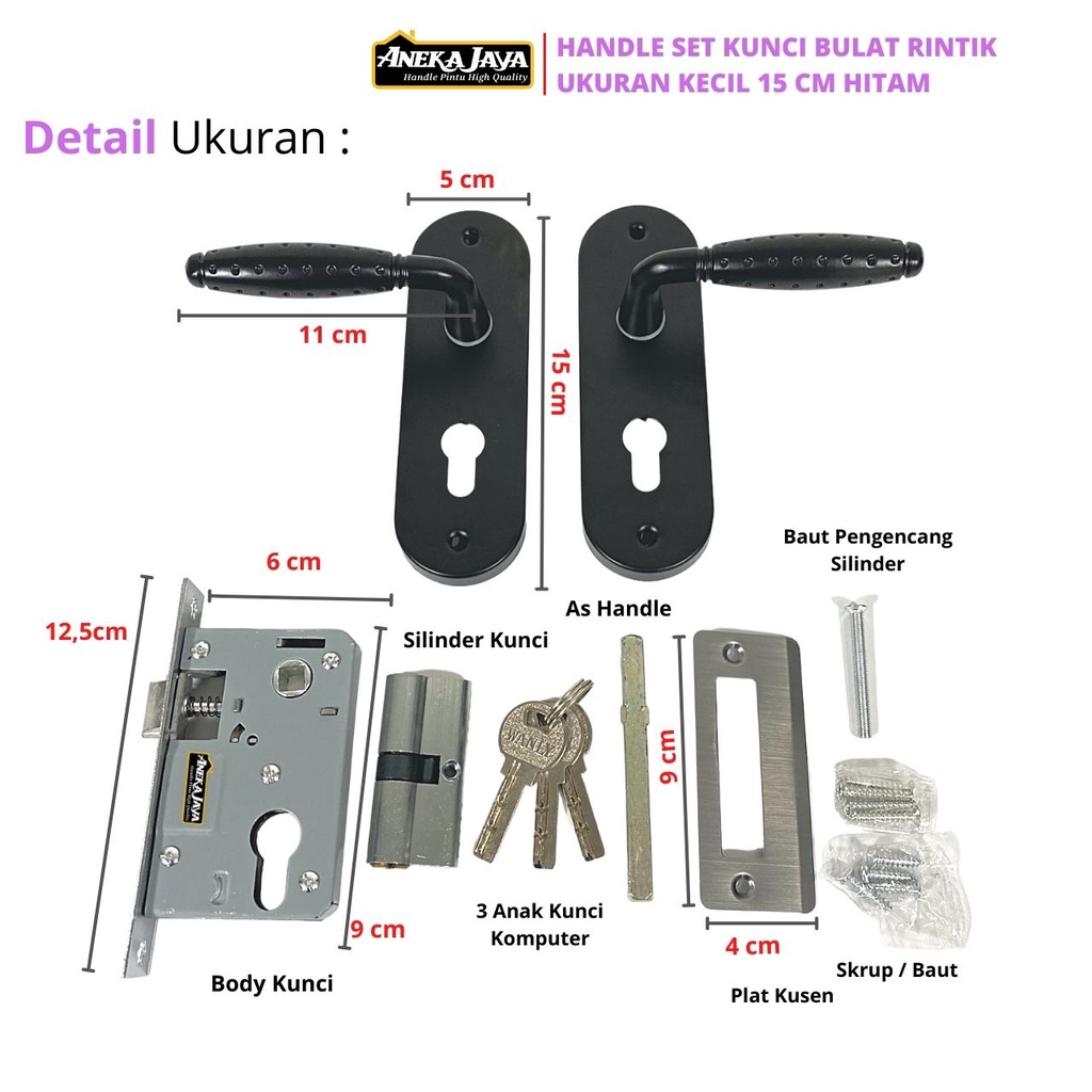 Handle Set Kunci Kecil 15 Cm - Hitam Doff - Gagang Pintu Rumah Minimalis Murah