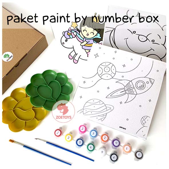 Zoetoys Paket Lengkap Paint by Number Box | Custom Numbers Children Canvas 20x20 Painting Set Kanvas Pallet Kuas Anak Kit Disney Princess Unicorn Toy Story Pooh Pokemon Mario Anya Space Easter Paskah Ramadan Activity | Peralatan Melukis | Cari Bingkisan H