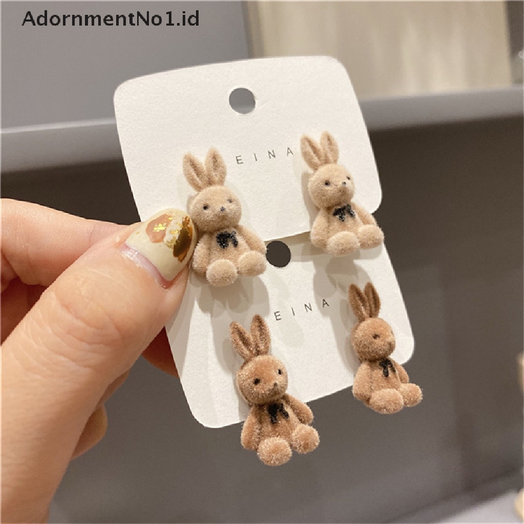 [AdornmentNo1] Lucu Flocking Plush Rabbit Bear Stud Earrings Gadis Kawaii Perhiasan Anting Hewan [ID]