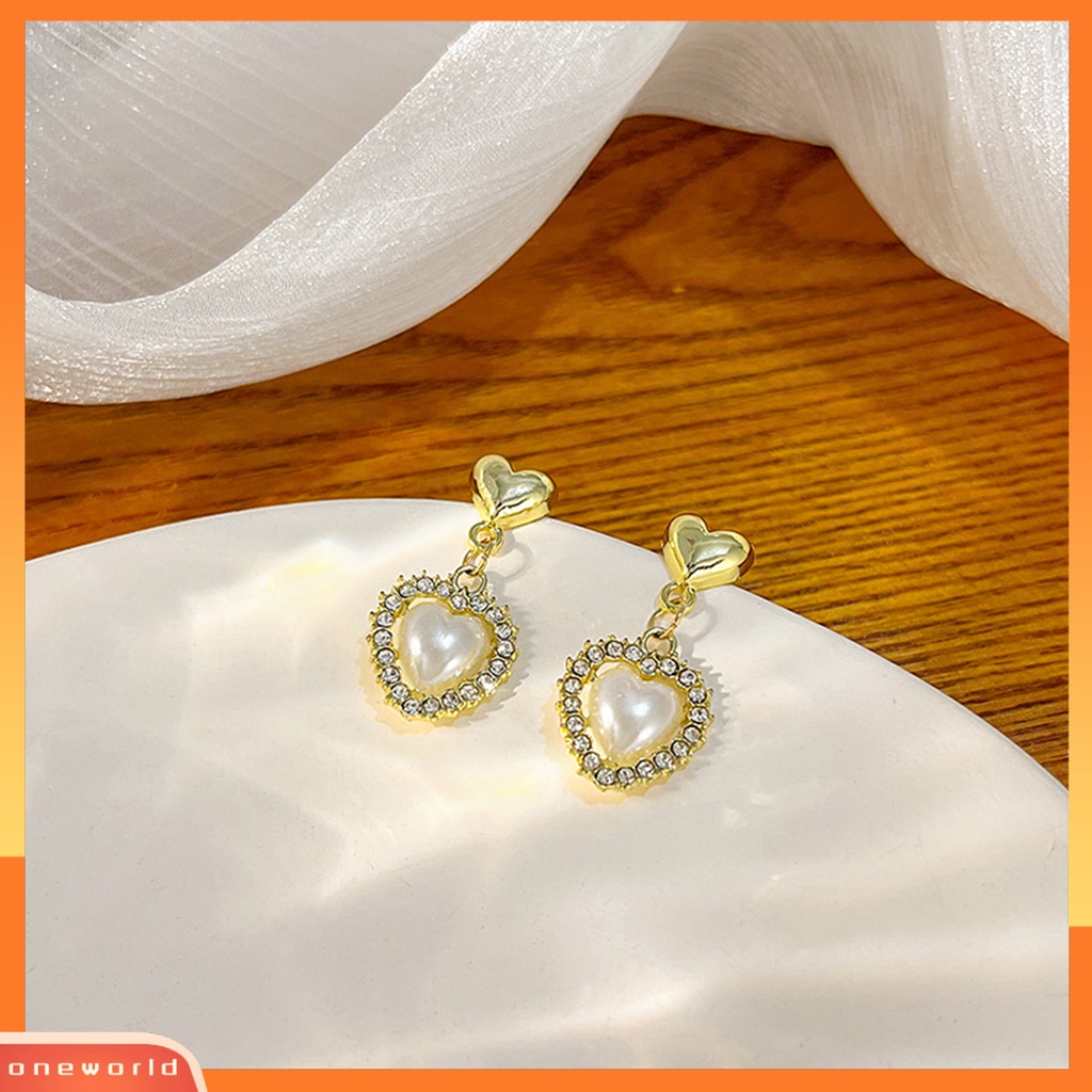[ONWL] 1pasang Anting Pejantan Elegan Hadiah Fashion Perhiasan Berlian Imitasi Mengkilap Cinta Hati Mutiara Imitasi Menjuntai Anting Untuk Hari Valentine