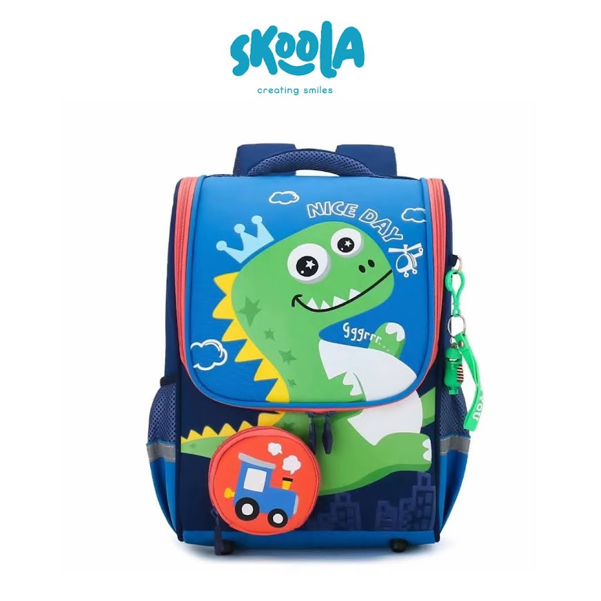 Skoola Tas Sekolah Anak Laki-Laki SD Ransel Dinosaurus Free Keychain &amp; Pouch - Kido