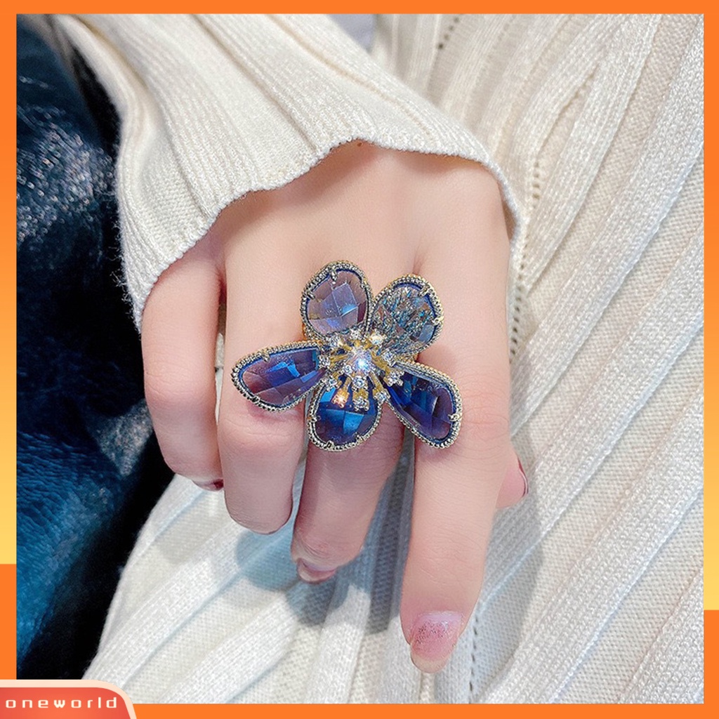 [ONWL] Wanita Cincin Bening Berlian Imitasi Pembukaan Dapat Disesuaikan Warna-Warni Kelopak Besar Pesta Trendi Cincin Perhiasan Aksesoris