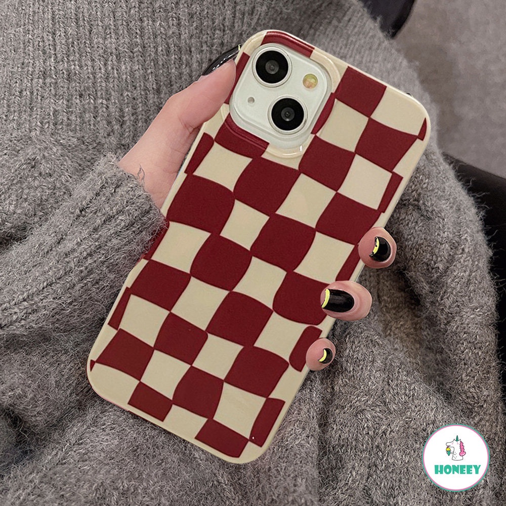 IPHONE Fashion Anggur Merah Kisi Grid Glossy Casing Ponsel Untuk Iphone14 13 12 11 Pro Max Halus Tipis Lembut TPU Belakang Ponsel Cover