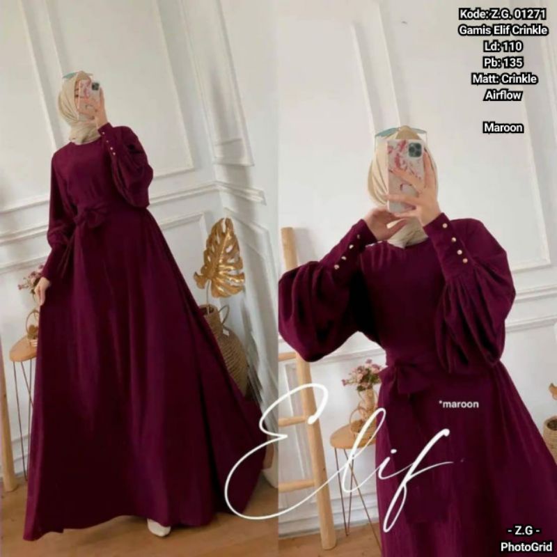 Gamis elif lengan balon dewasa | gamis crinkle allsize