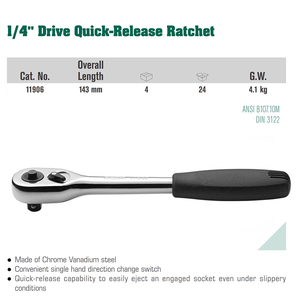 KtmStore 1/4 Inch DRIVE QUICK-RELEASE ROUND HEAD RATCHET 11906 SATA TOOLS