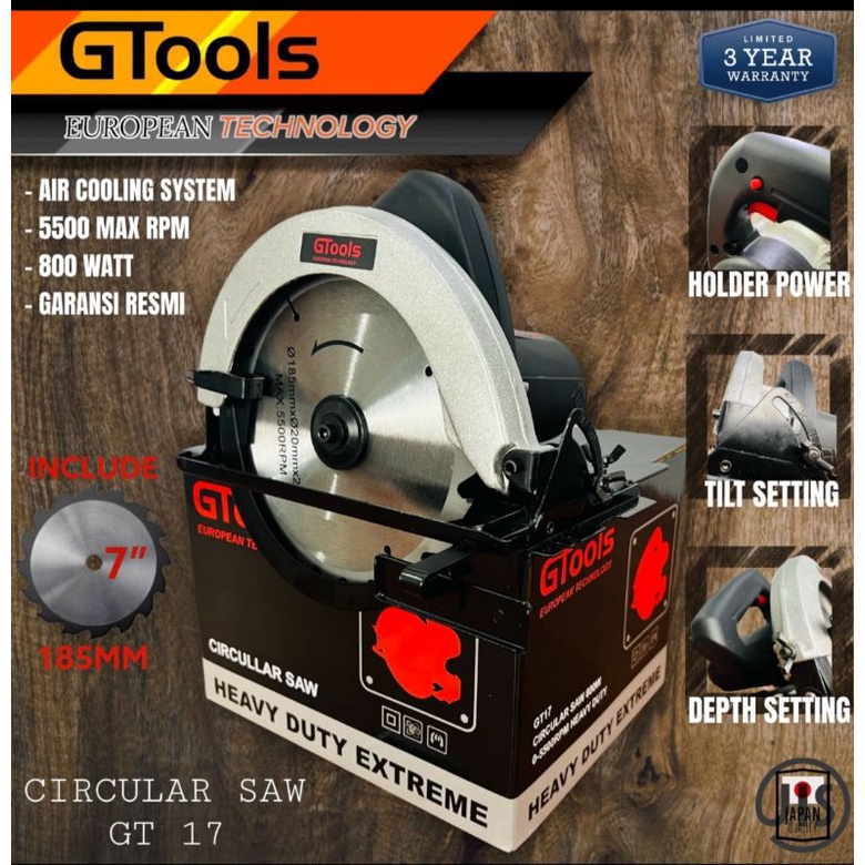 Circular saw 7inch Gtools Eropa type GT17 mesin gergaji kayu potong pemotong kayu dan triplek