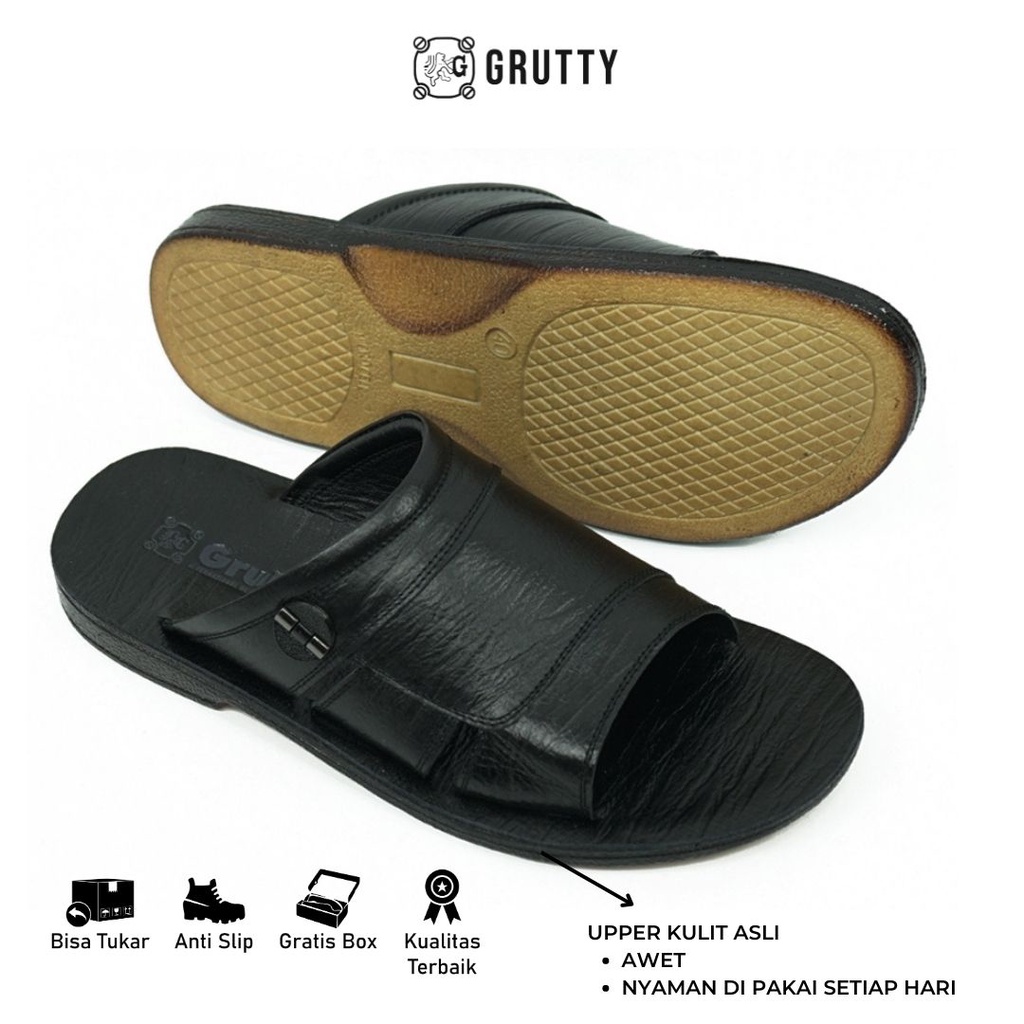 Grutty Sandal Pria Sendal Kokop Cowok Kulit Asli Casual Slide Premium Hitam