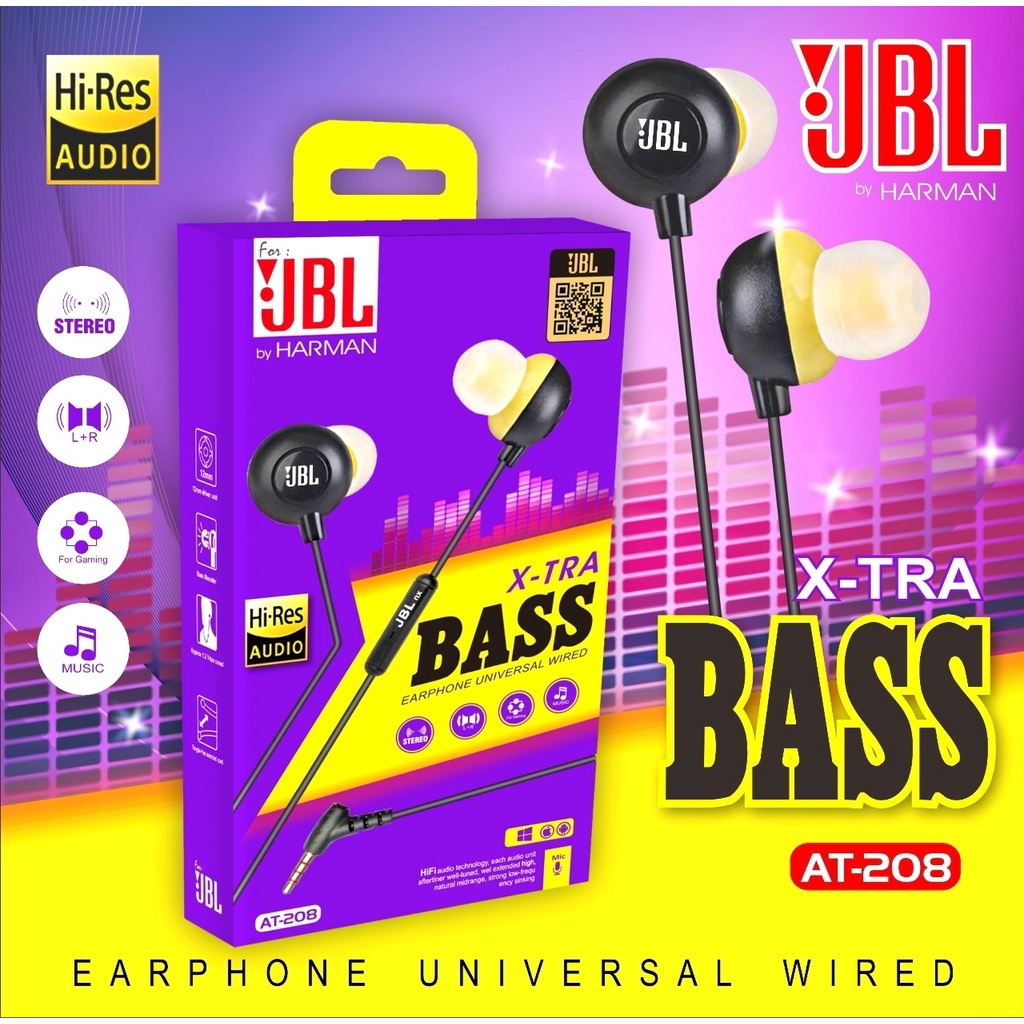 Highclass Headset Handsfree Earphone HF JBL AT-208 ORIGINAL BY HARMAN FULL BASS+ SUPER MEGABIGBASS Extra stereo musik GAMING 2Kuping bisa buat Telp an High Quality