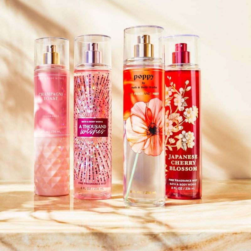 BBW FINE FRAGRANCE MIST 236 ML BATH &amp; BODY WORKS MIX PART 2/2 DARK KISS PINK CHIFFON BAHAMAS SWEET CRANBERRY ROSE GINGHAM HEART OF GOLD FRESH SPARKLING SNOW SUNSHINE MIMOSA WHITE TEA &amp; SAGE ONE IN A MILLION JAPANESE CHERRY BLOSSOM ROSE MOONLIGHT PATH