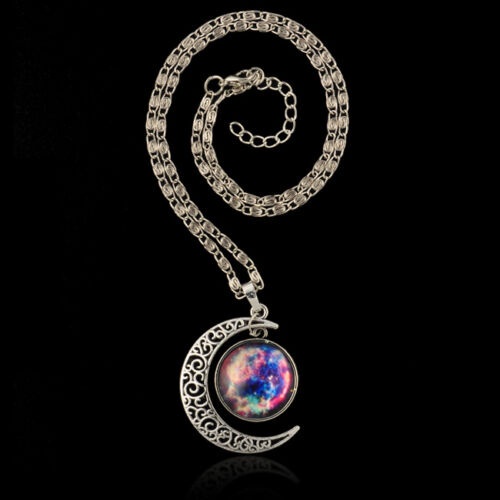 Galaxy Magic Hollow Moon Star Glass Cabochon Pendant Necklace Perhiasan Kalung Rantai Moonstone Untuk Hadiah