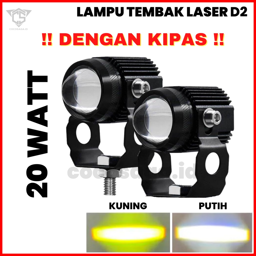 Lampu Tembak Sorot Laser LED D2 KIPAS, Mini Projie 1 mata, High-Low 2 warna (Putih Kuning) Mobil Motor - 20 WATT DC 12volt (DENGAN KIPAS)