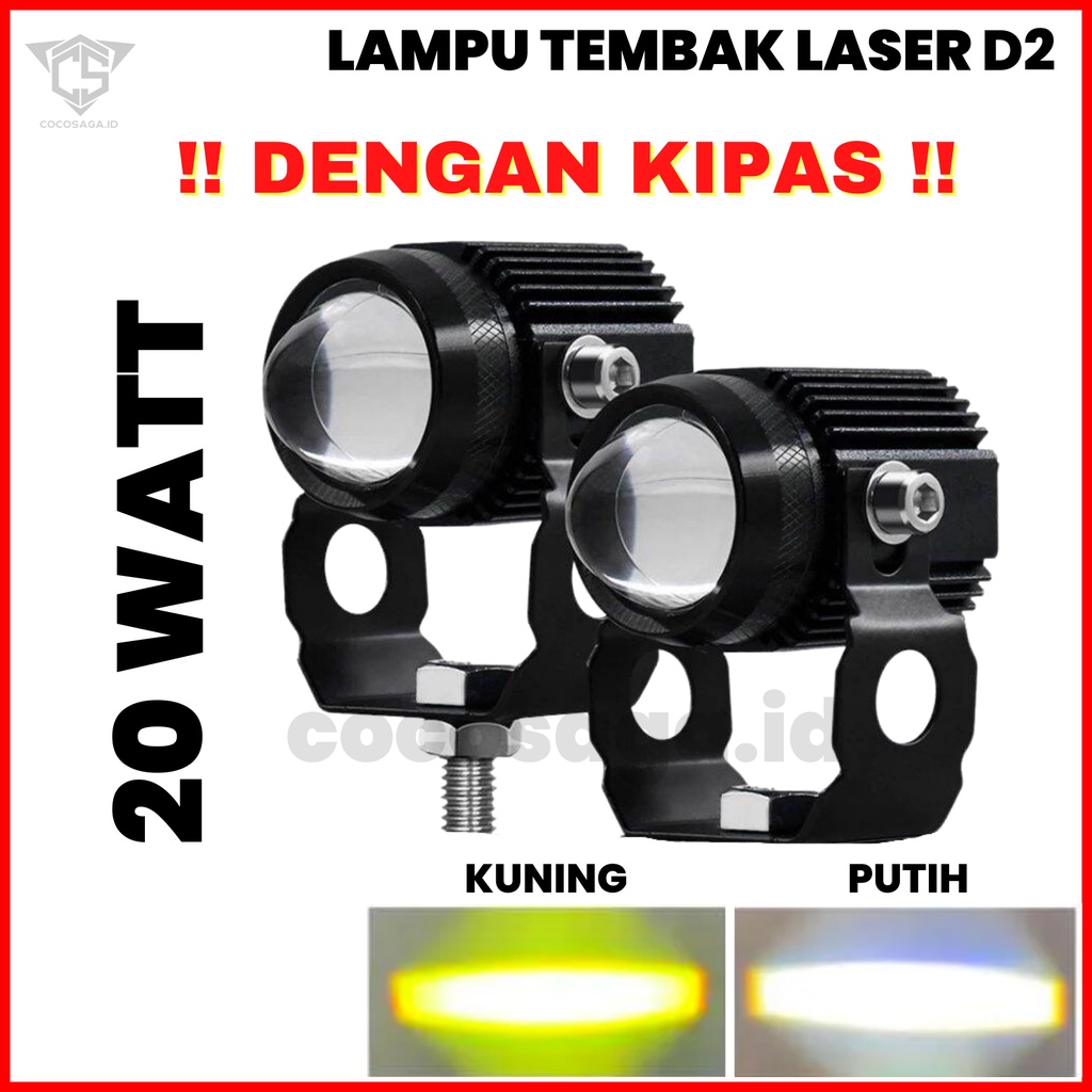 Lampu Tembak Sorot Laser LED D2 KIPAS, Mini Projie 1 mata, High-Low 2 warna (Putih Kuning) Mobil Mot