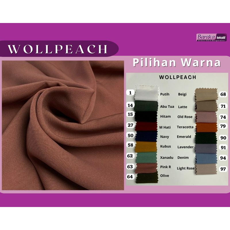 Kain Fabric Tekstil Textile Wolvis Wolfis Wollpeach Woll Peach Premium Tebal Lembut Bahan Jilbab Hijab Kerudung Gamis Dress Abaya Islam Islami Syari Syar i 0,5 m Meter Meteran Baraka Tekstil