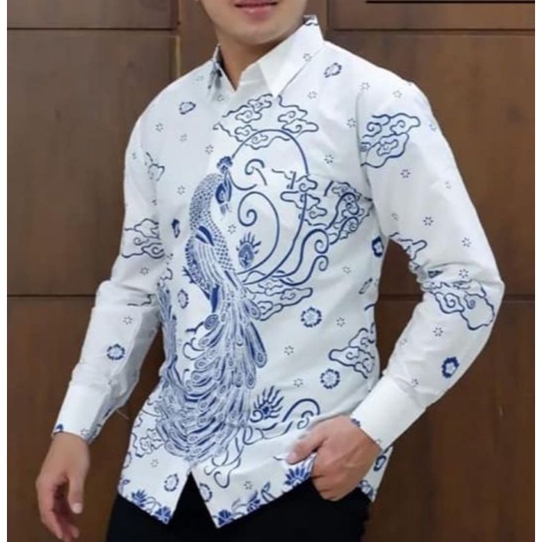 BATIK BOLO DEWO Motif Peksi white Kemeja Baju Batik Pria Lengan Panjang Lapis Furing Hem Atasan