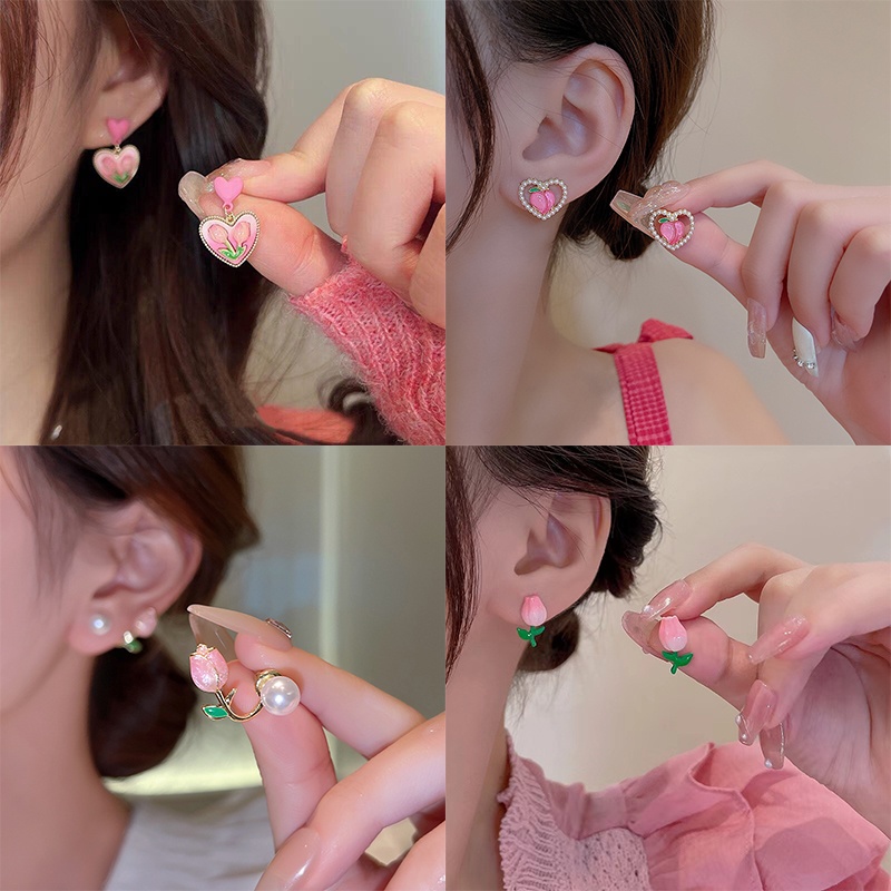 Fashion Kristal Tulip Anting Untuk Wanita Bunga Hati Hypoallergenic Stud Earring Perhiasan Aksesoris